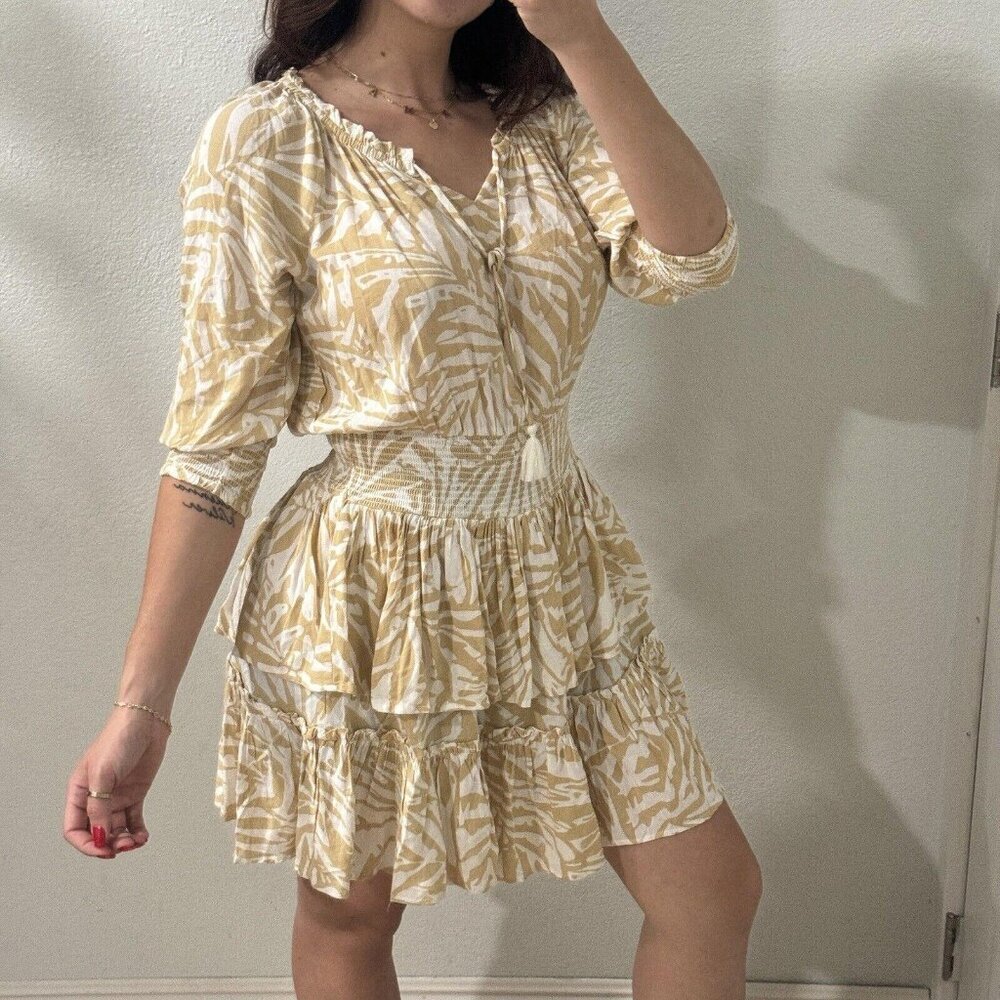 Patrons of Peace June Print Dress Ruffle Tiered 3/4 sleeves beige white Large L